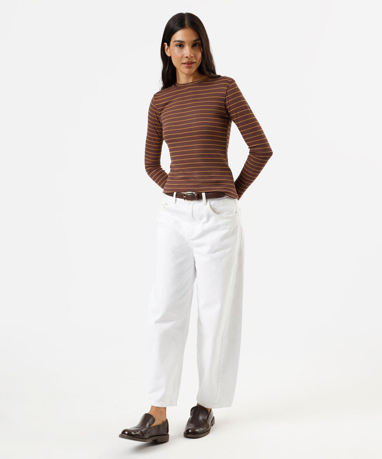 blusa feminina com viscose manga longa canelada listrada marrom