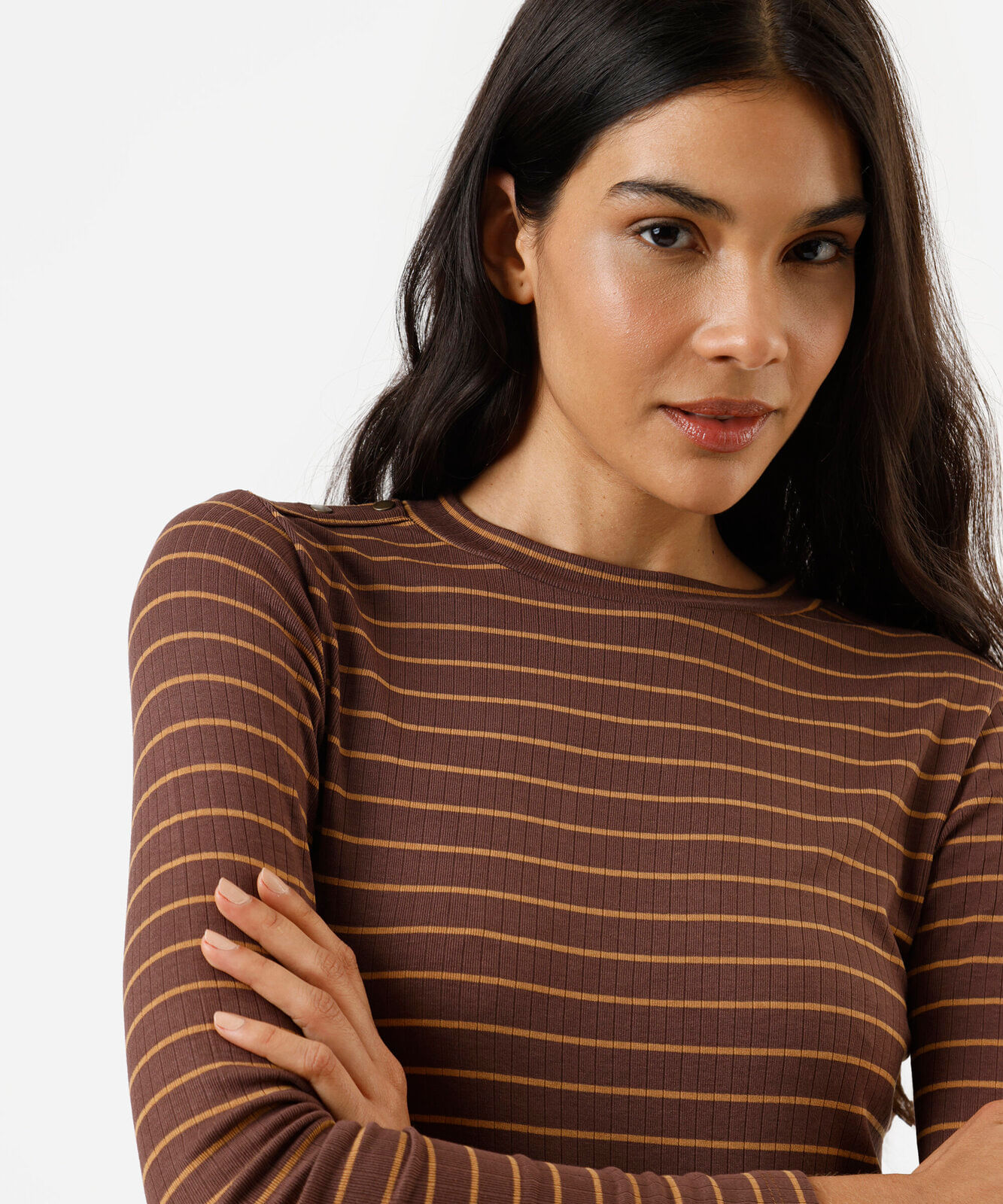 blusa feminina com viscose manga longa canelada listrada marrom