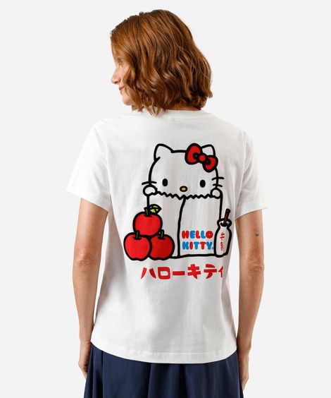 camiseta feminina de algodão manga curta hello kitty off white