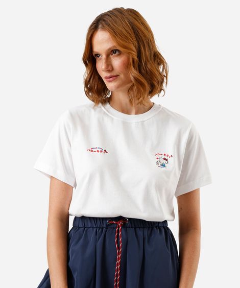 camiseta feminina de algodão manga curta hello kitty off white