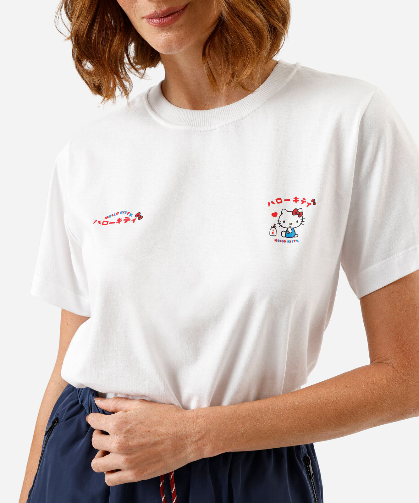 camiseta feminina de algodão manga curta hello kitty off white