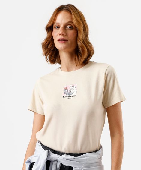 camiseta feminina de algodão manga curta estampada bege