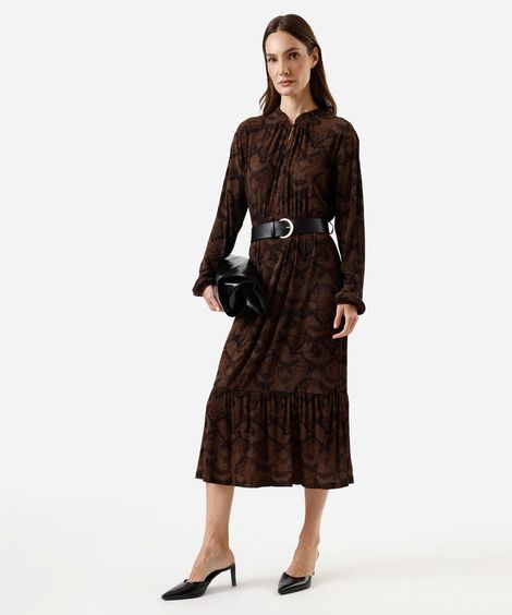 vestido midi feminino texturizado animal print com cinto marrom