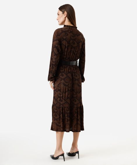 vestido midi feminino texturizado animal print com cinto marrom