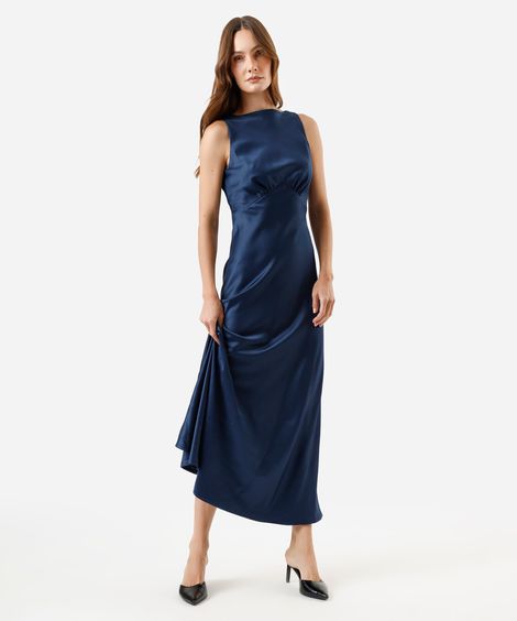 vestido feminino longo liso com franzido azul