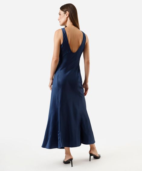 vestido feminino longo liso com franzido azul