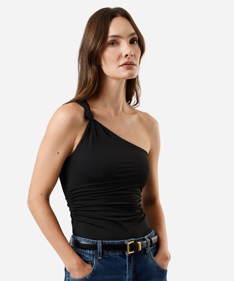 blusa ombro único feminina franzida preta