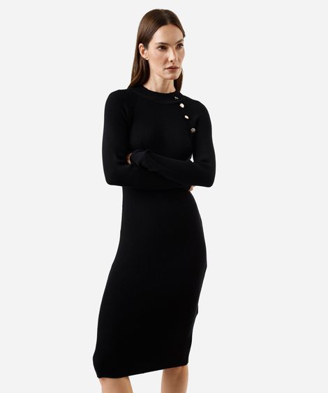 vestido midi feminino de tricot manga longa canelado preto