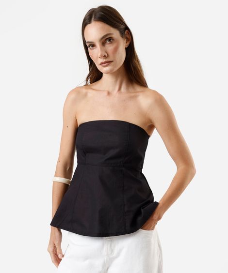 blusa peplum sem alça feminina de algodão preta