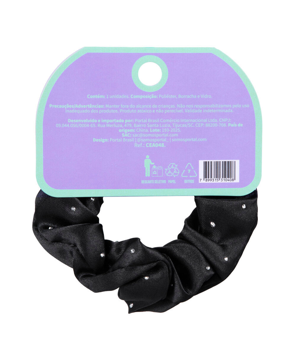 elástico de cabelo scrunchie com strass preto
