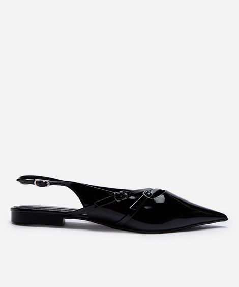 sapatilha slingback bico fino com fivelas preta