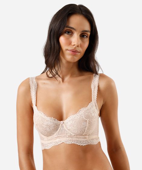 sutiã cropped meia taça feminino de renda floral bege