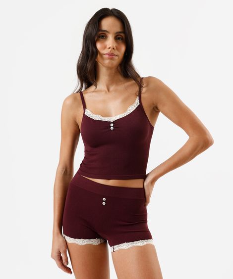 pijama short doll canelado com renda vinho