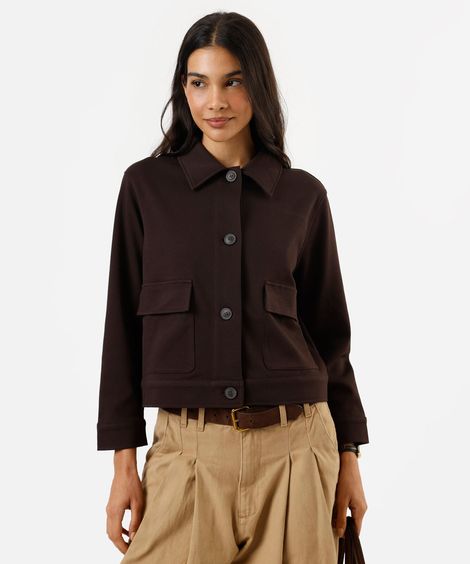 jaqueta básica feminina com bolsos texturizada marrom