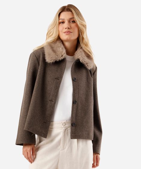 jaqueta feminina gola de pelúcia texturizada marrom