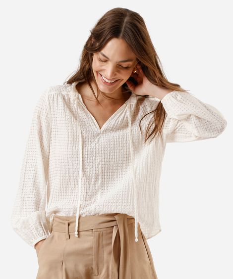 bata feminina manga longa xadrez com babado off white