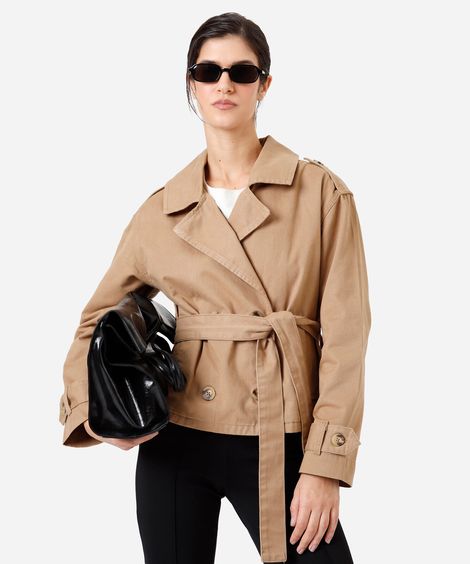 casaco trench coat curto feminino de sarja bege