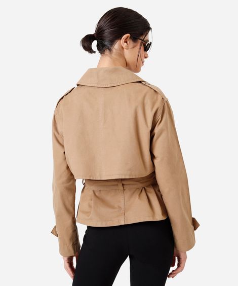 casaco trench coat curto feminino de sarja bege