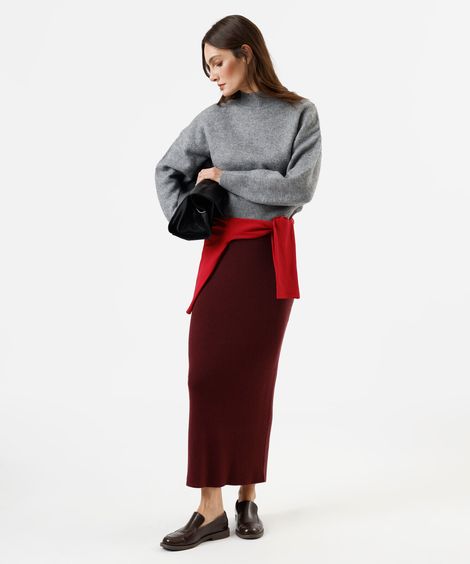 saia midi feminina de tricot canelada vinho