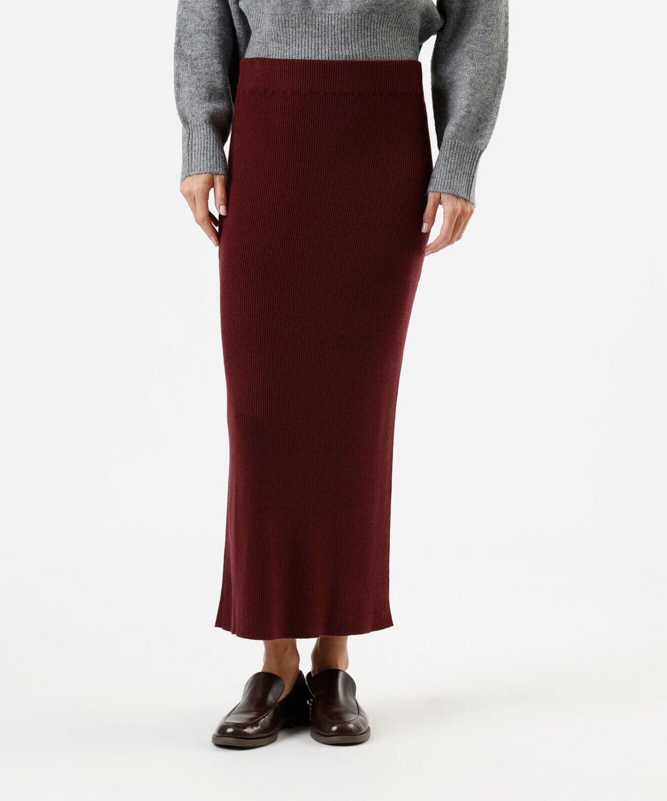 saia midi feminina de tricot canelada vinho