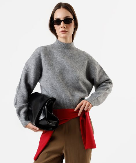 suéter oversized feminino de tricot gola alta cinza