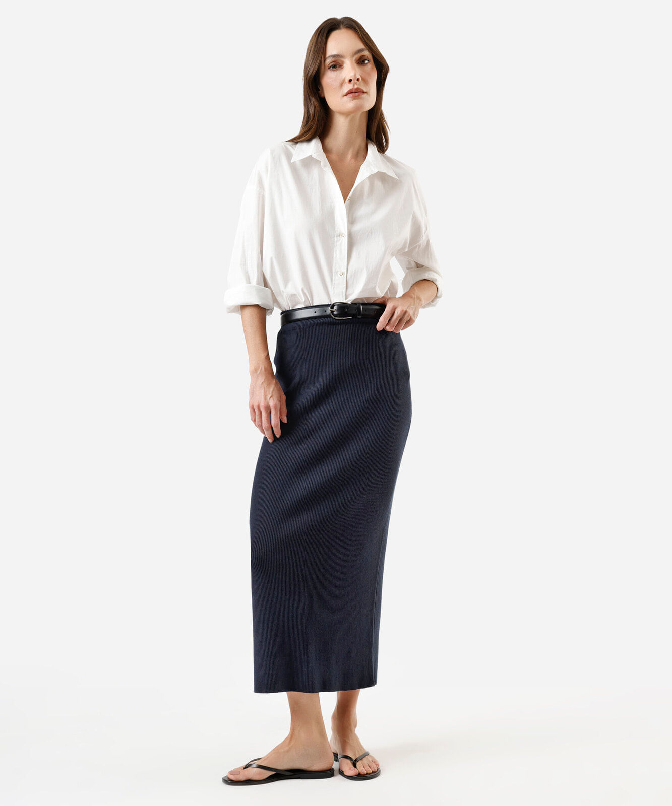 saia midi feminina de tricot canelada azul