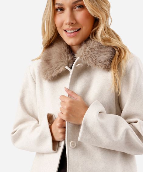 jaqueta feminina gola de pelúcia texturizada bege