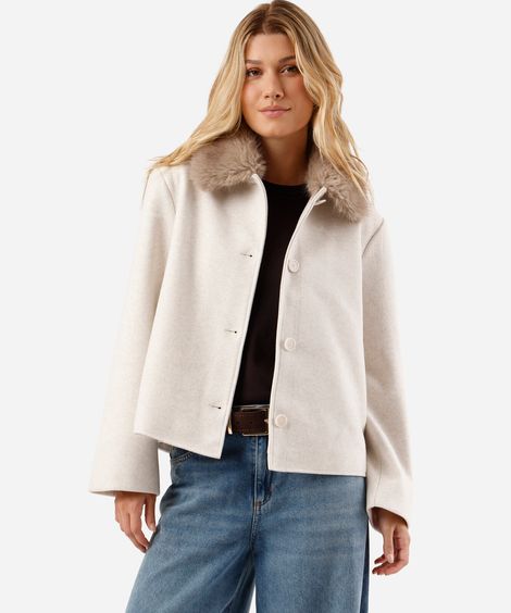 jaqueta feminina gola de pelúcia texturizada bege