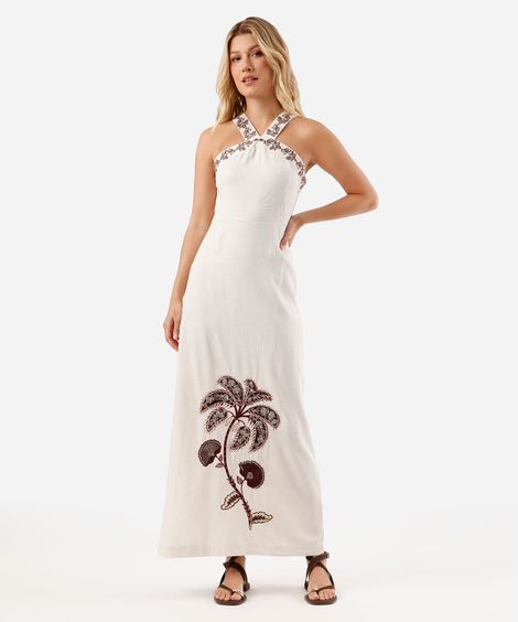 vestido longo feminino com linho bordado e fenda bege