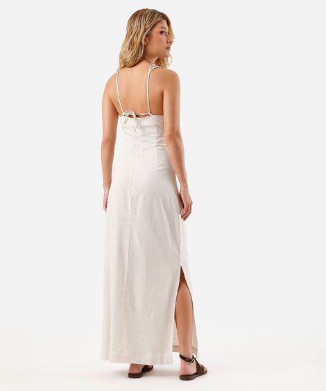 vestido longo feminino com linho bordado e fenda bege