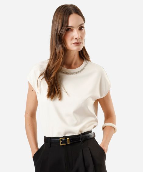 blusa feminina com viscose e brilhos manga curta bege
