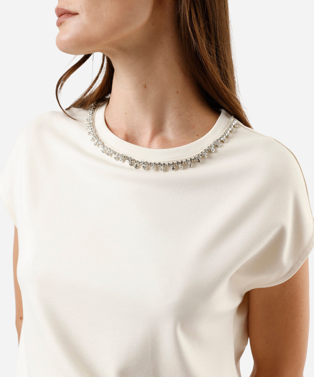 blusa feminina com viscose e brilhos manga curta bege