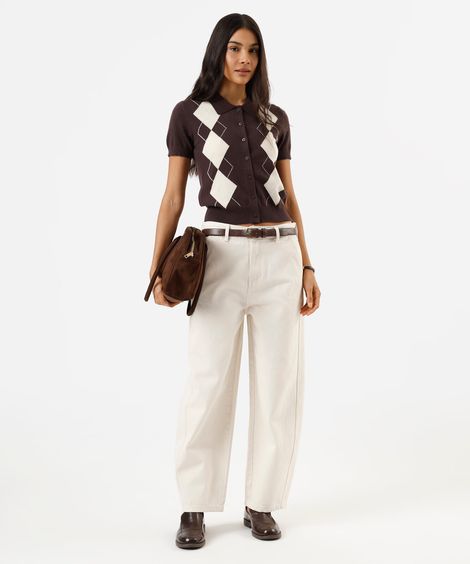 calça baggy feminina de sarja cintura alta bege