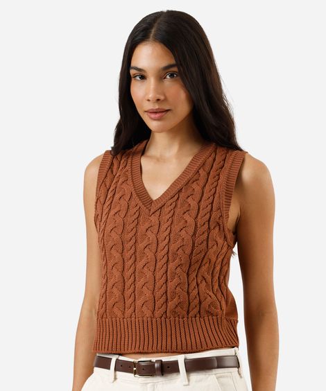 colete feminino de tricot decote v texturizado marrom