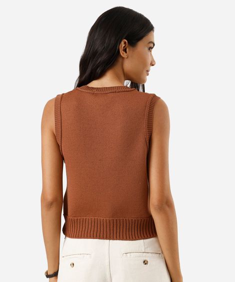 colete feminino de tricot decote v texturizado marrom