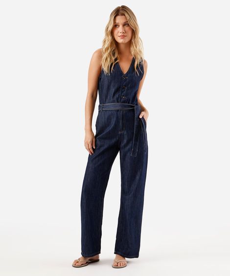 macacão feminino jeans decote v com cinto azul