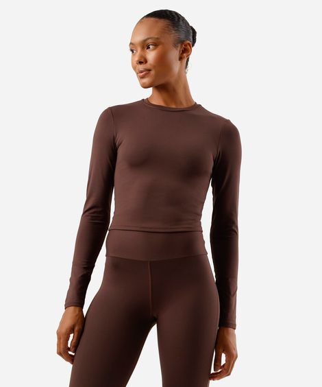 cropped feminino de poliamida manga longa cea sports marrom