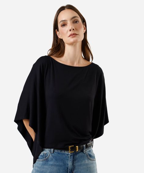 blusa ampla feminina de viscose decote canoa preta