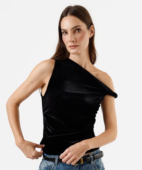 blusa assimétrica feminina de veludo franzida preta