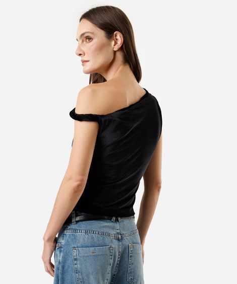 blusa assimétrica feminina de veludo franzida preta