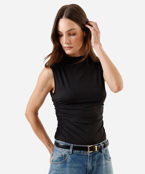 blusa feminina gola alta franzida preta