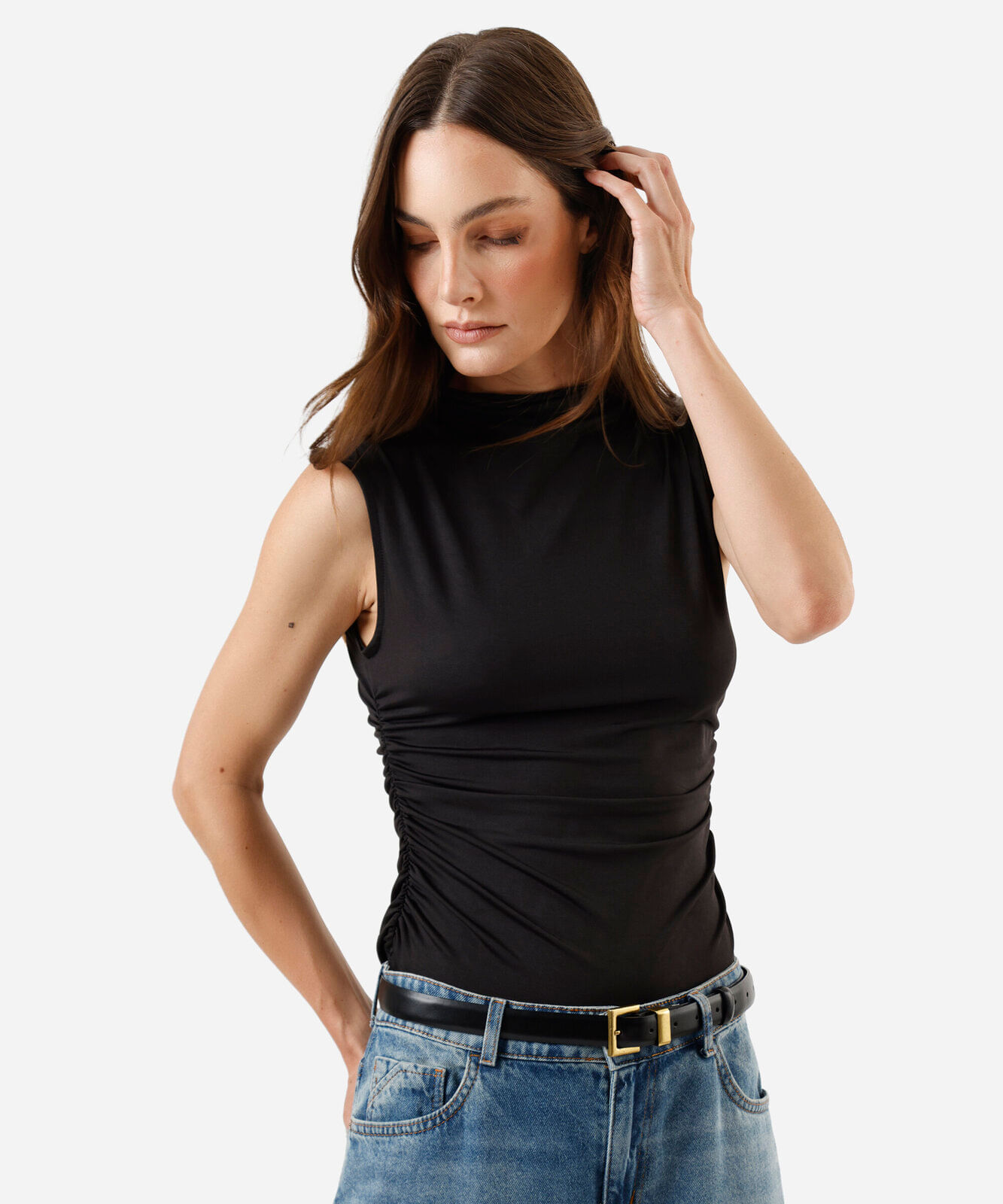 blusa feminina gola alta franzida preta