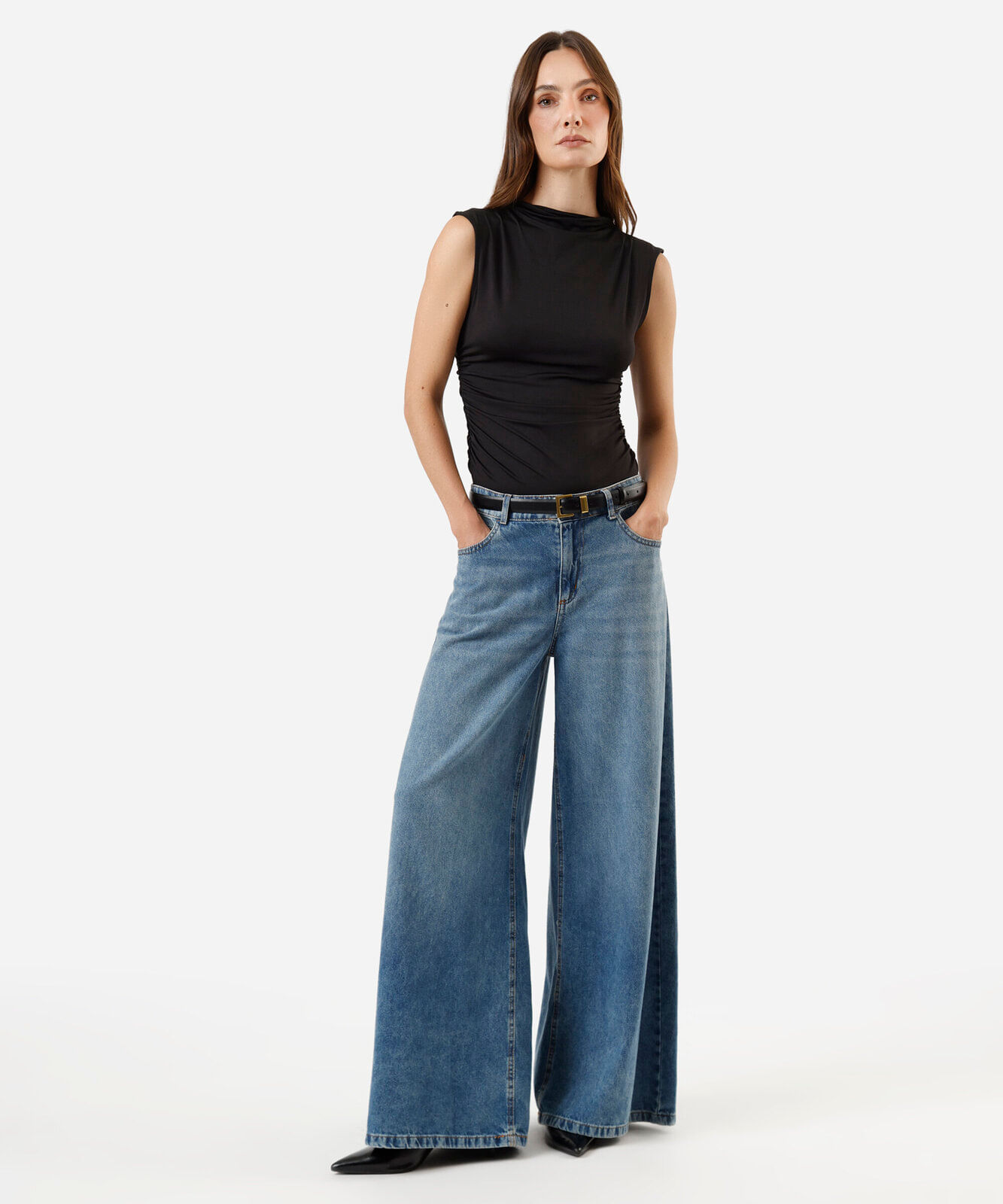 blusa feminina gola alta franzida preta