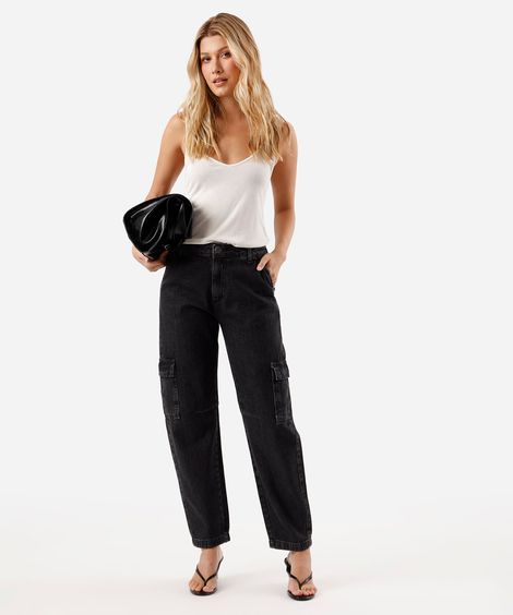 calça barrel feminina jeans cintura alta preta