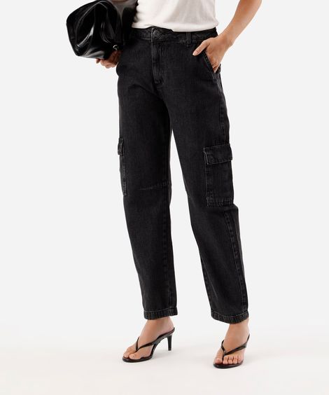 calça barrel feminina jeans cintura alta preta