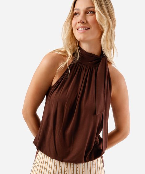 blusa feminina de viscose halterneck com amarração marrom