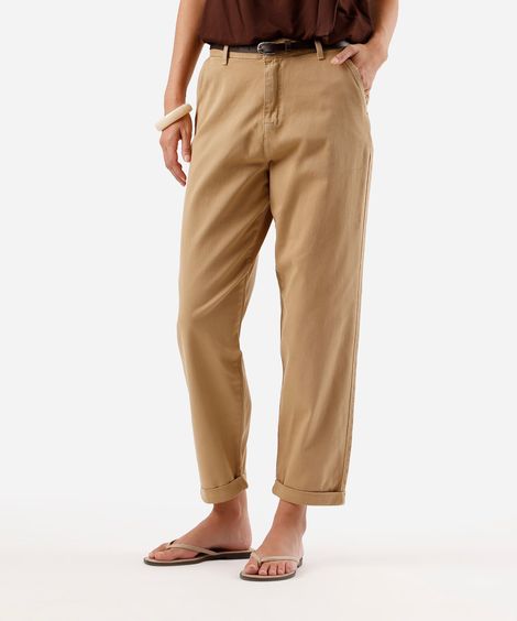 calça cenoura feminina de sarja com cinto bege