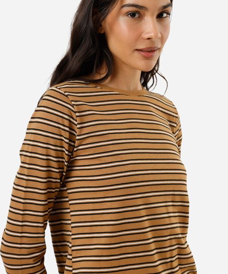 camiseta feminina com algodão manga longa listrada marrom