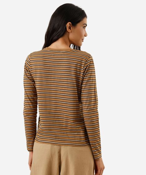 camiseta feminina com algodão manga longa listrada marrom