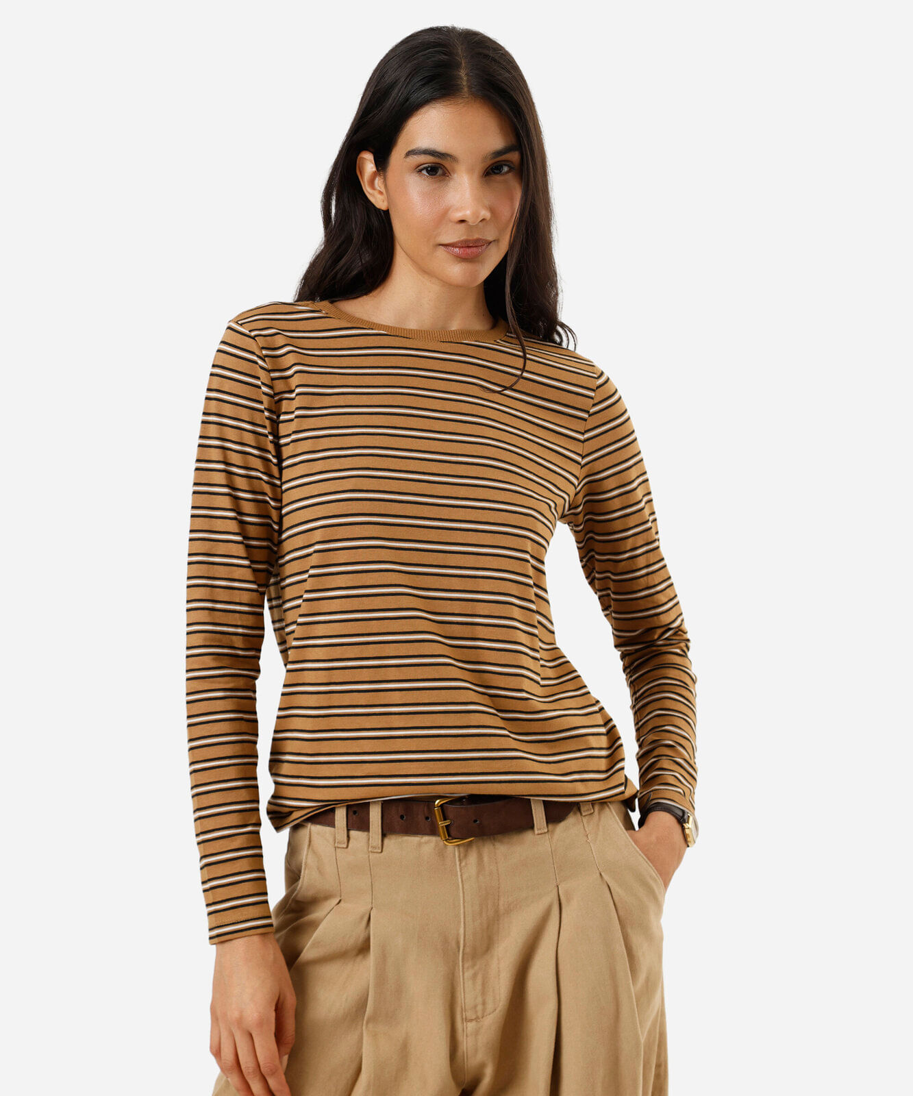 camiseta feminina com algodão manga longa listrada marrom